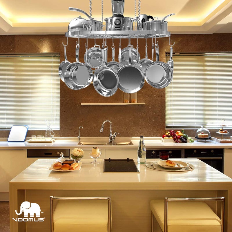 Vdomus Hanging Pot Rack - Ceiling Mount Kitchen Organizer for Pots and Pans with 15 Hooks - 33 x 17 Inches Heavy-Duty, Durable and Space-Saving Pan Holder - Silver - Image 5
